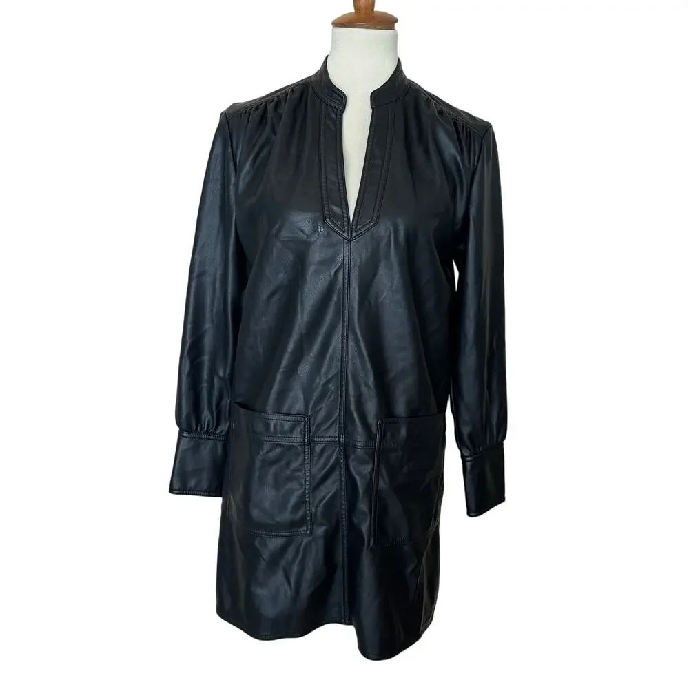 Rebecca Taylor Black Faux Leather Mini Tunic Dress XS Edgy Designer $300 Flaw - Picture 5 of 11